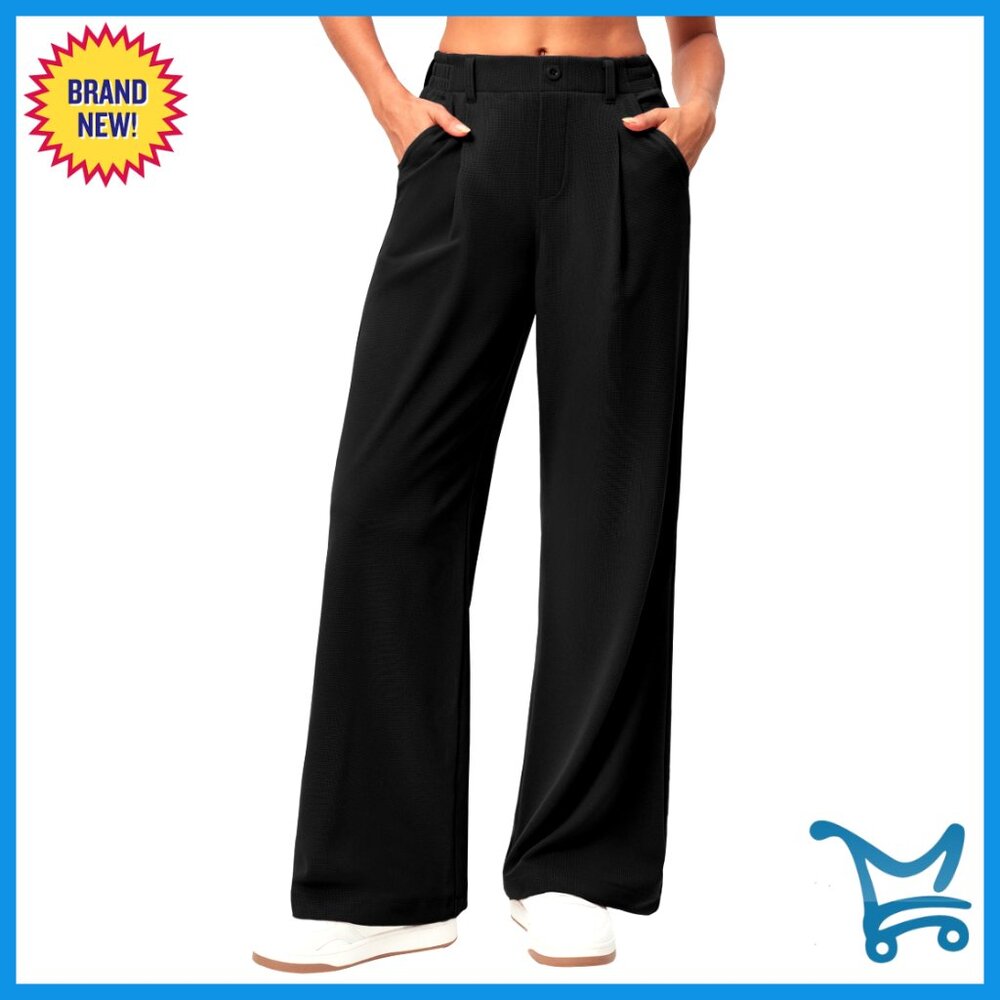 Wide Leg Work Pants With Elastic Waist, Waffle Texture, 26/28" Inseam
